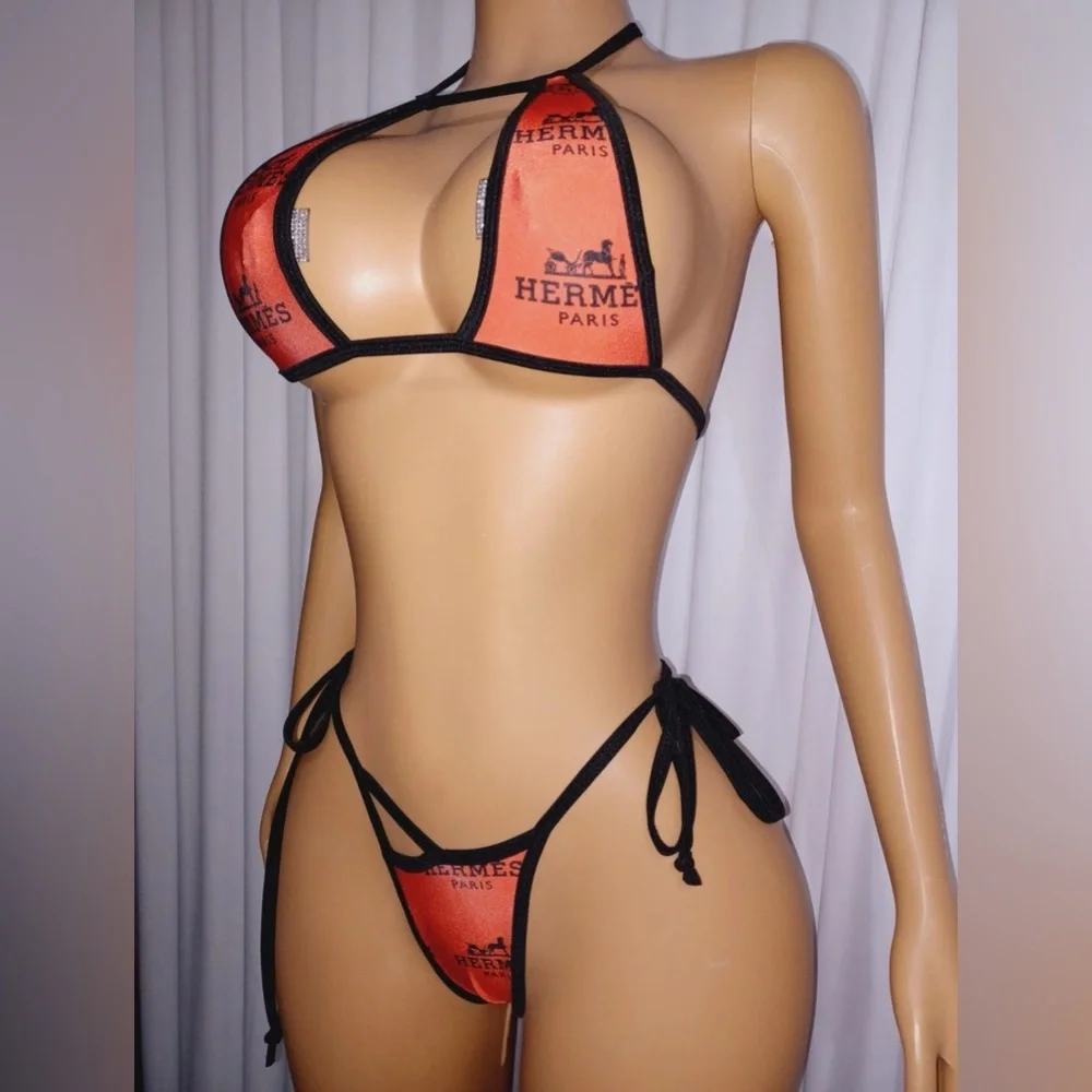 NWOT Handmade Orange Semi Opaque Tri-Top Y-String Thong Bottom Dancewear Bikini - Picture 3 of 5